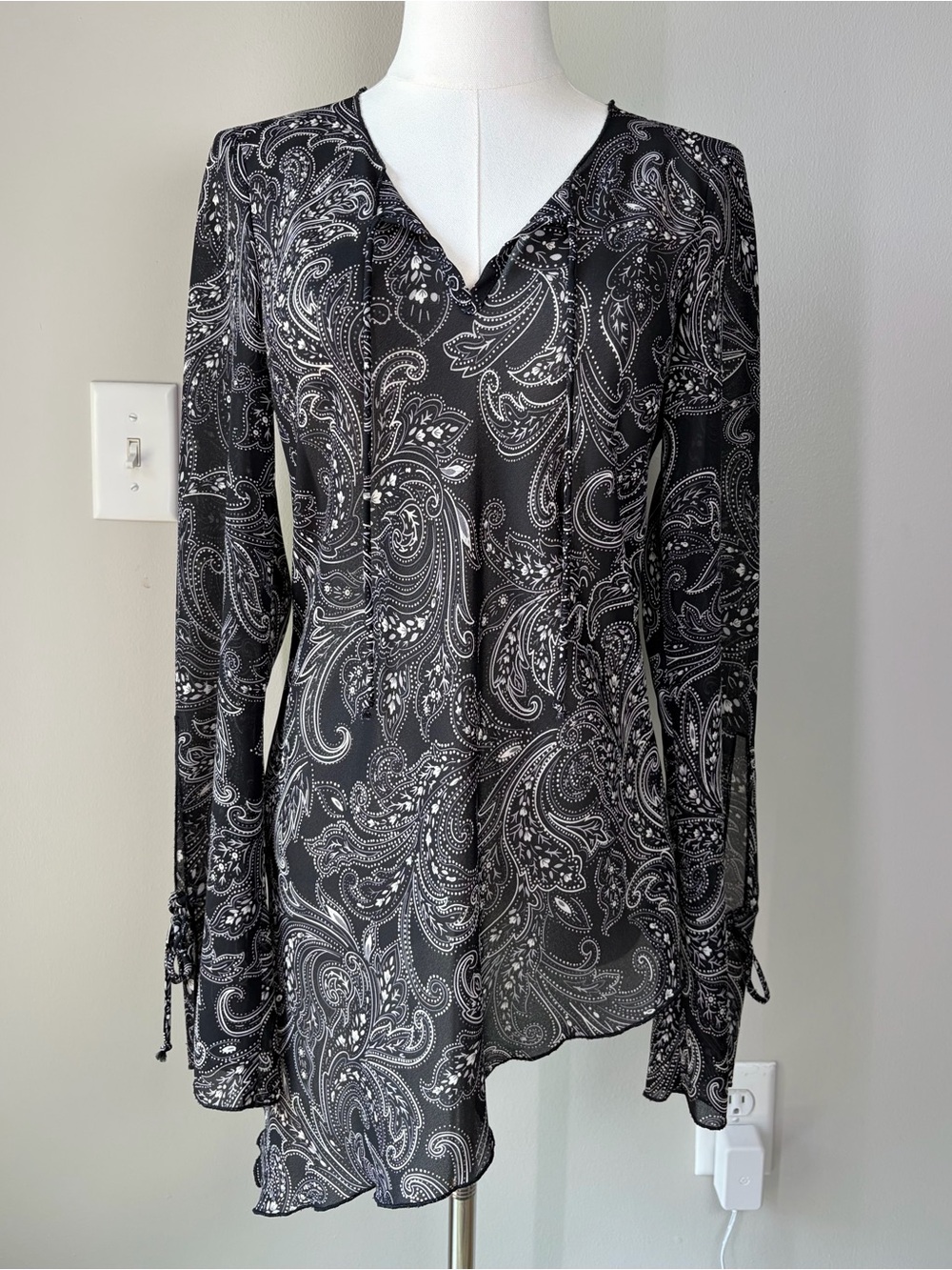 Studio Y Y2K Black and White Semi-Sheer Asymmetrical Blouse Top Whimsy Artsy